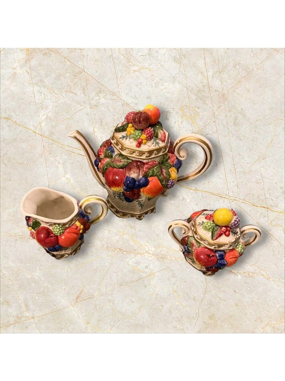 Fitz & Floyd Classics 3-Piece Fruit Embossed Teapot, Sugar Bowl & Creamer Set